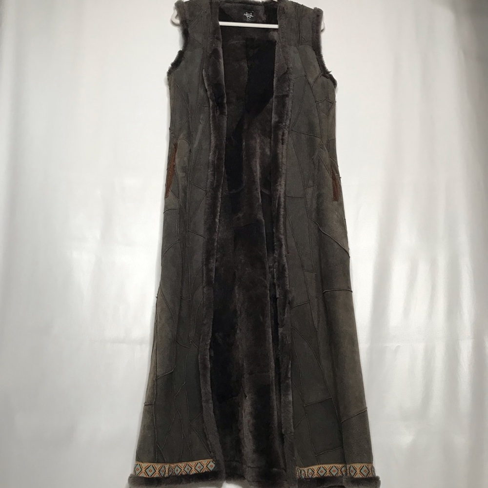 FOLLIES PARIS Floor Length Shearling Olive Vest